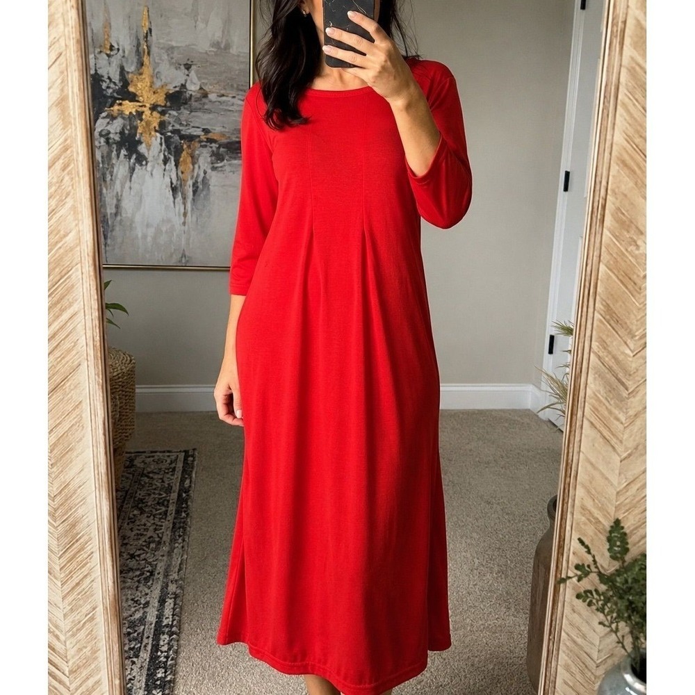 Red Pleated Front Jersey Knit Midi Dress 3/4 Sleeve Scoop Neck A-Lineβ